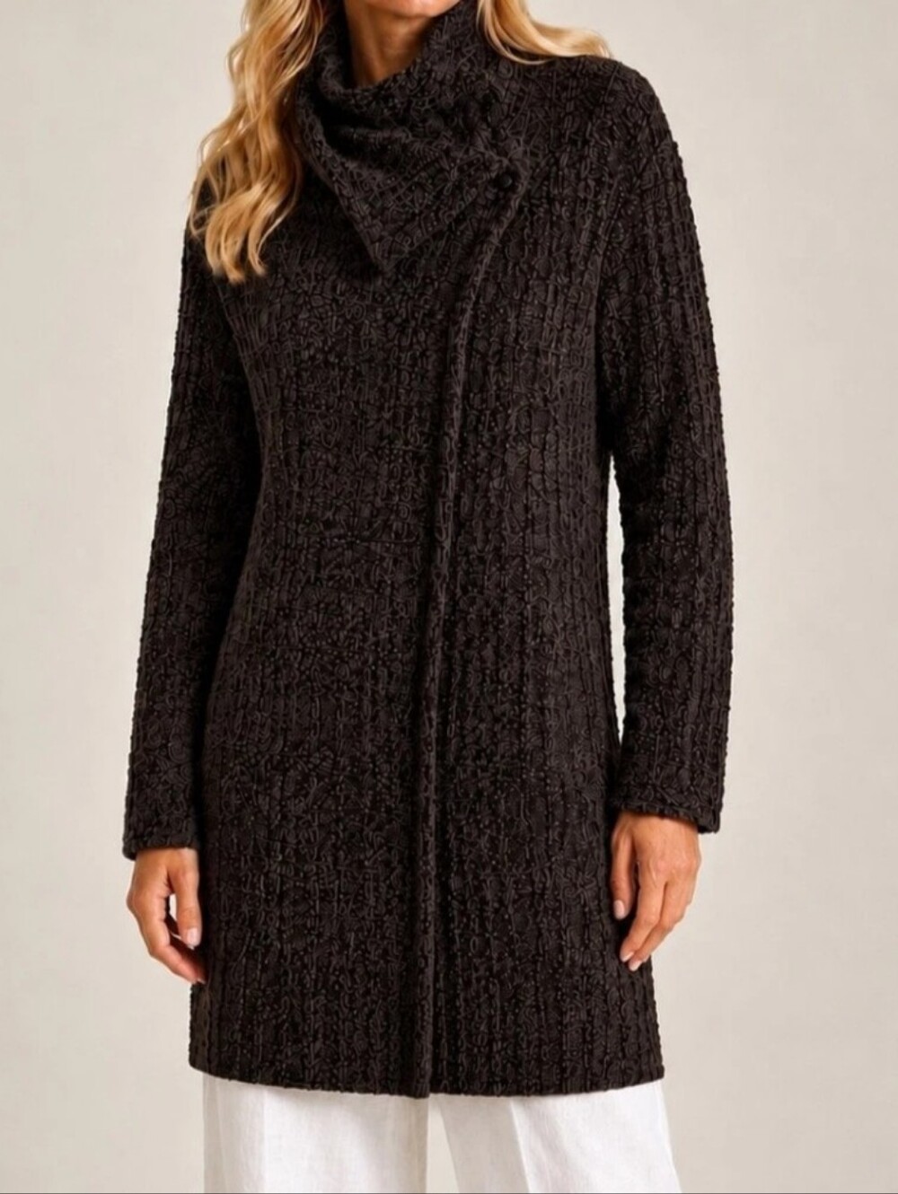 Eileen Fisher Organic Wool Alpaca Textured Chunky Cardigan Sweater in Brown S-M